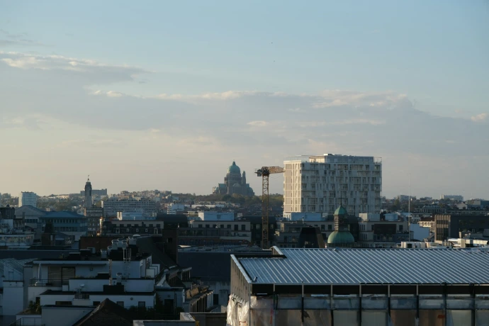 City skyline view at dawn or dusk.